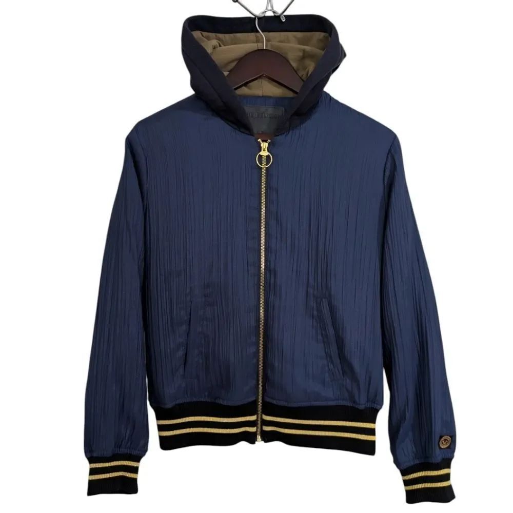 True Religion Women’s Boyfriend Fit Hooded Plissé Bomber Jacket Navy Gold Small